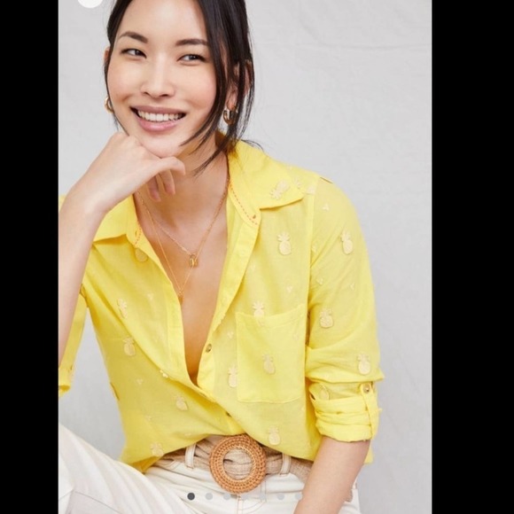 Anthropologie Maeve Yellow Button Down Top w/Pineapples - Picture 1 of 13